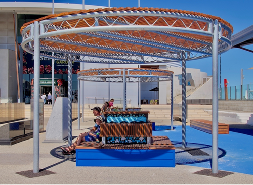 Six Noongar seasons incorporated on seating by Noongar artist Rikesha Burdett outside the WA Maritime Museum